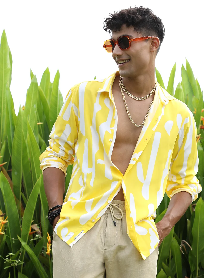 CAHOOT  Men's Lemon Yellow Abstract Print Shirt For Everyday Wear | Spread Collar |  Button Closure | Long Sleeve | Heavy Rayon Shirt Crafted With Comfort Fit For Everyday Wear for Men | Best Price UAE